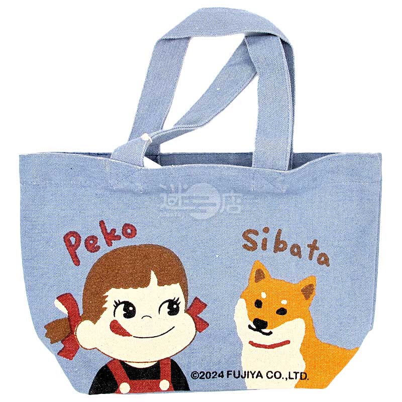 ㉜ペコ 小トートバッグ 不二家ペコちゃん＆柴犬 ミニトートバッグ ランチバッグ ブルー – 迷日