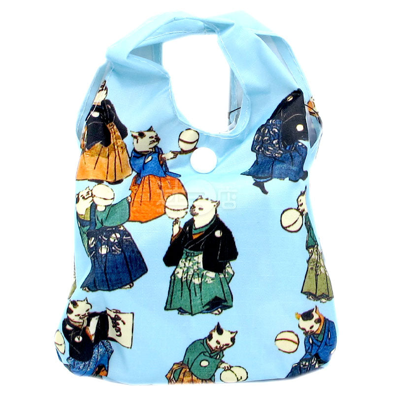 日本傳統風格便攜購物袋/環保袋 貓咪浮世繪 淺藍色