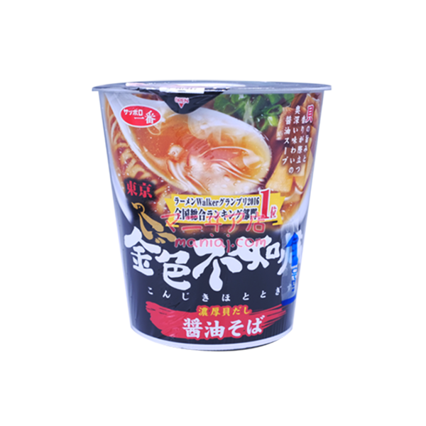 Golden soba ramen with soy sauce and rich shellfish sauce