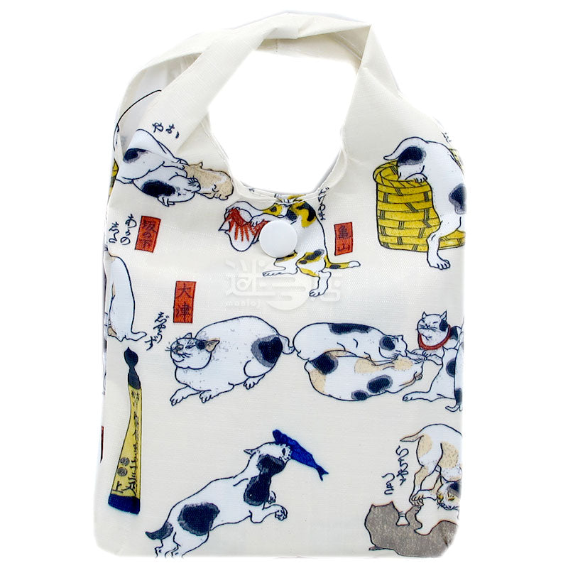 日本傳統風格便攜購物袋/環保袋 貓咪浮世繪 米色