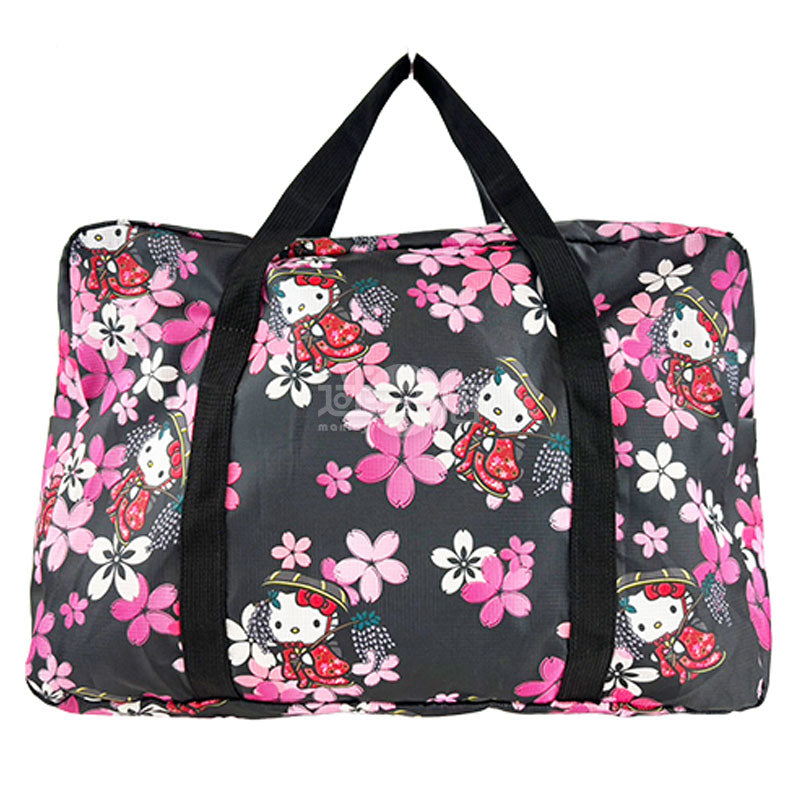 Sanrio角色 可摺疊便携手提袋/旅行袋/手提行李袋 Hello Kitty 和風櫻花(黑)