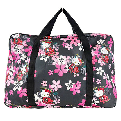 Sanrio角色 可摺疊便携手提袋/旅行袋/手提行李袋 Hello Kitty 和風櫻花(黑)