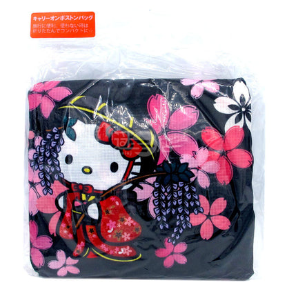 Sanrio角色 可摺疊便携手提袋/旅行袋/手提行李袋 Hello Kitty 和風櫻花(黑)