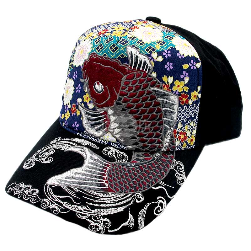 大西賢製販 刺繡棉質帽 紅鯉 黑色